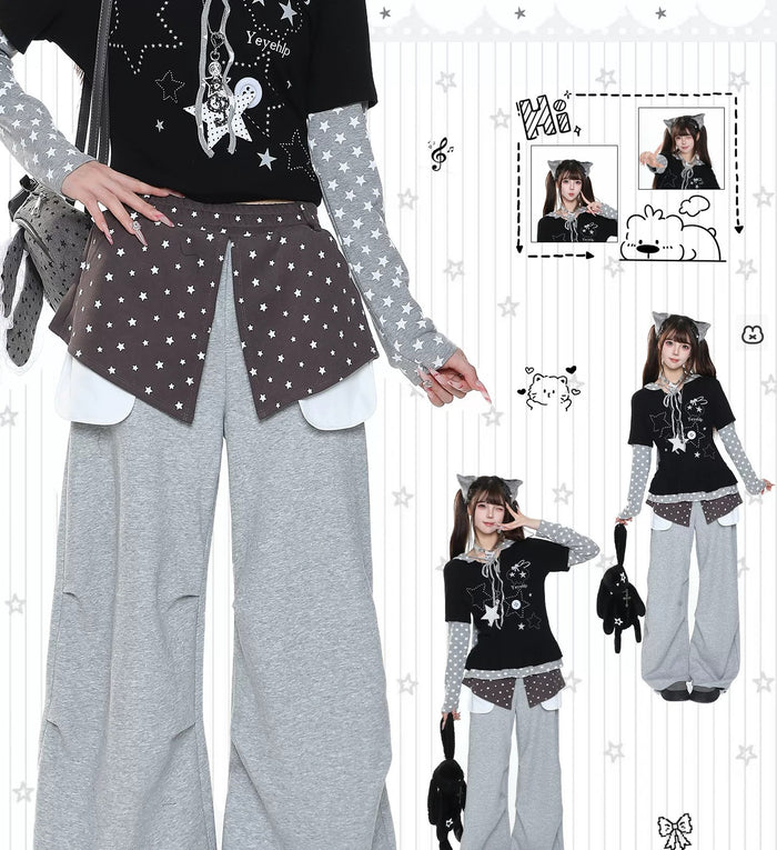 スター柄 レイヤード風 ワイドパンツ 着用イメージ