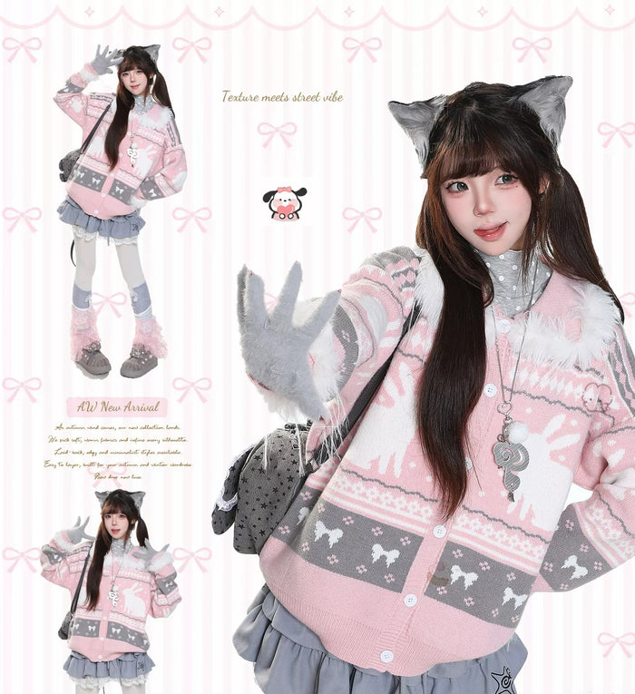ピンクのフェアアイル柄 うさぎ ニットカーディガン 全体