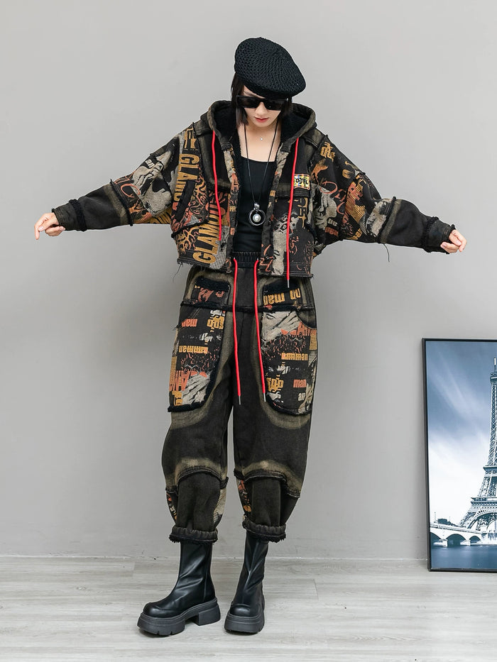 デニム切り替えプリントのフード付きジャケットとハーレムパンツ 着用 正面