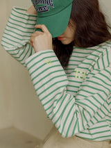 グリーンのボーダー長袖Tシャツ 着用 キャップをかぶって