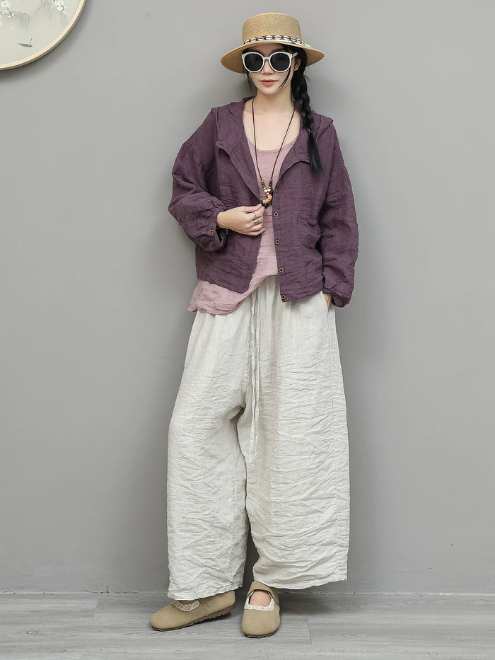 砂洗いリネンのワイドパンツ オフホワイト 着用 正面