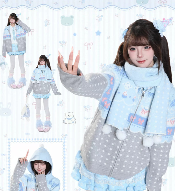 雪柄ジャカード フード付き ニットカーディガン 全体