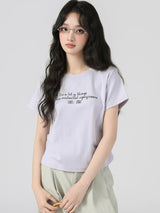 パープルのサイドシャーリング半袖Tシャツ 着用