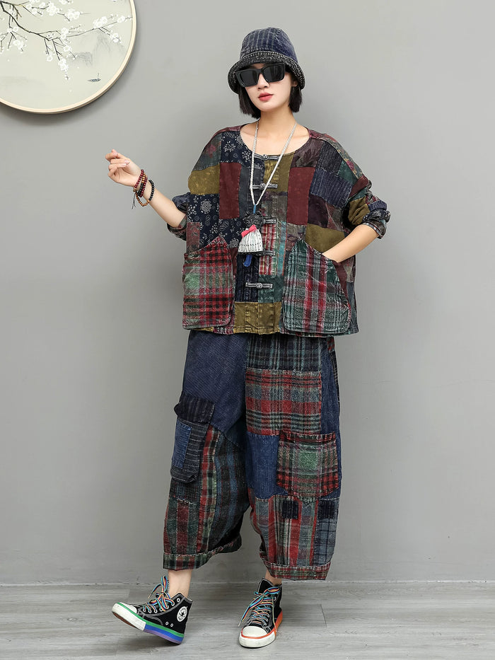 古布パッチワークのジャケットとワイドパンツ 着用 正面