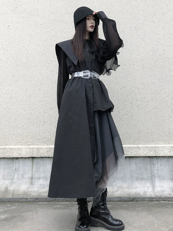 ブラックのワイドカラー ロングシャツ 着用 正面 ブーツ合わせ