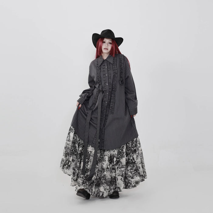 グレーストライプのロングシャツ 着用 正面