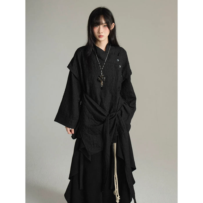 ブラックの重ね着風 ロングスリーブシャツ 全体