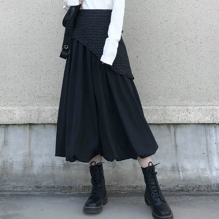 ブラックのバルーンヘム ロングスカート 着用 ウエストのパネル アップ