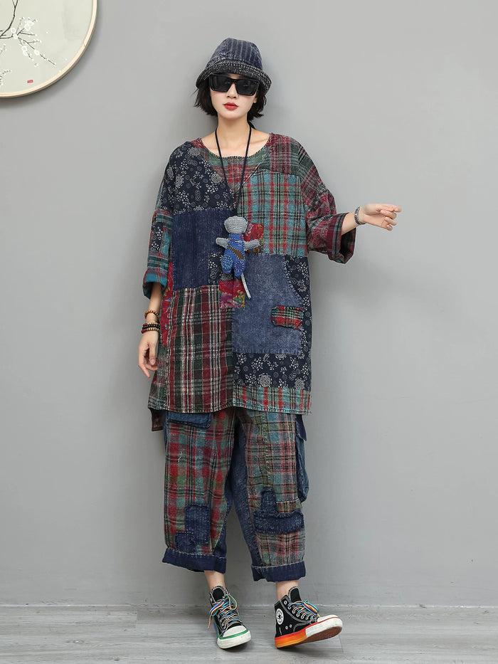 古布のチェックパッチワークのキャロットパンツ 着用 正面