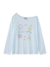 ブルーのボーダー フルーツ柄 長袖Tシャツ 平置き 正面