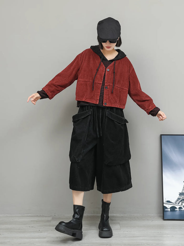 コーデュロイのショートジャケットとワイドパンツ 着用 正面