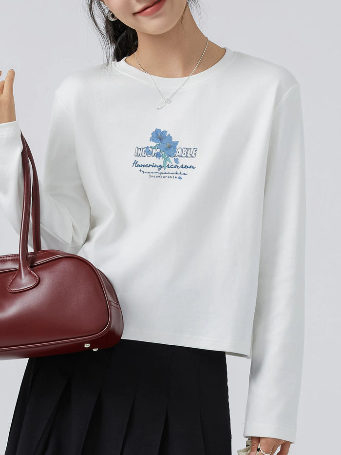 ホワイトのブルーフラワープリント長袖Tシャツ 正面