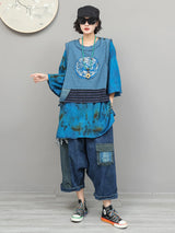 古布と藍染布の丸刺繍ベスト＋サルエルデニムパンツ 着用 正面