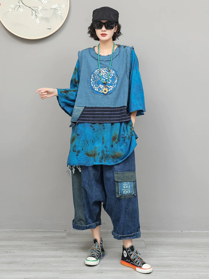 古布と藍染布の丸刺繍ベスト＋サルエルデニムパンツ 着用 正面