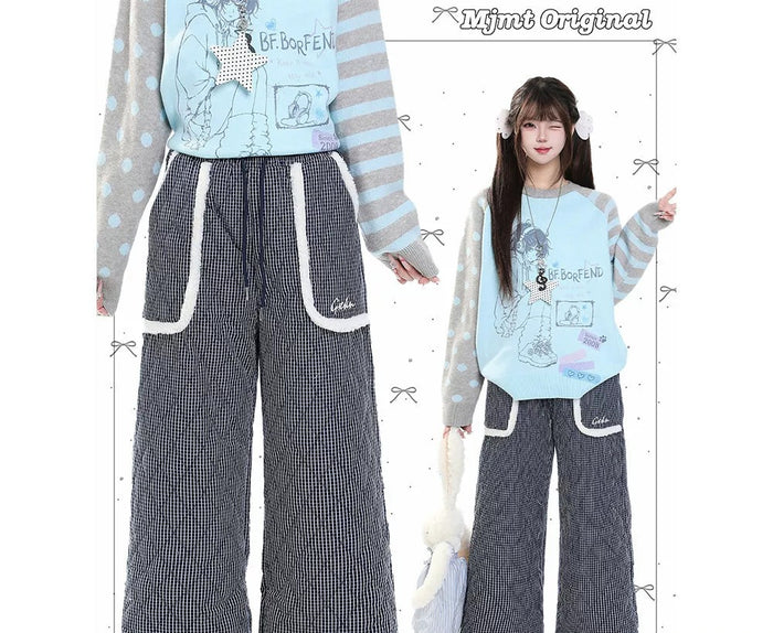 チェック柄 ボアポケット 中綿ワイドパンツ 着用