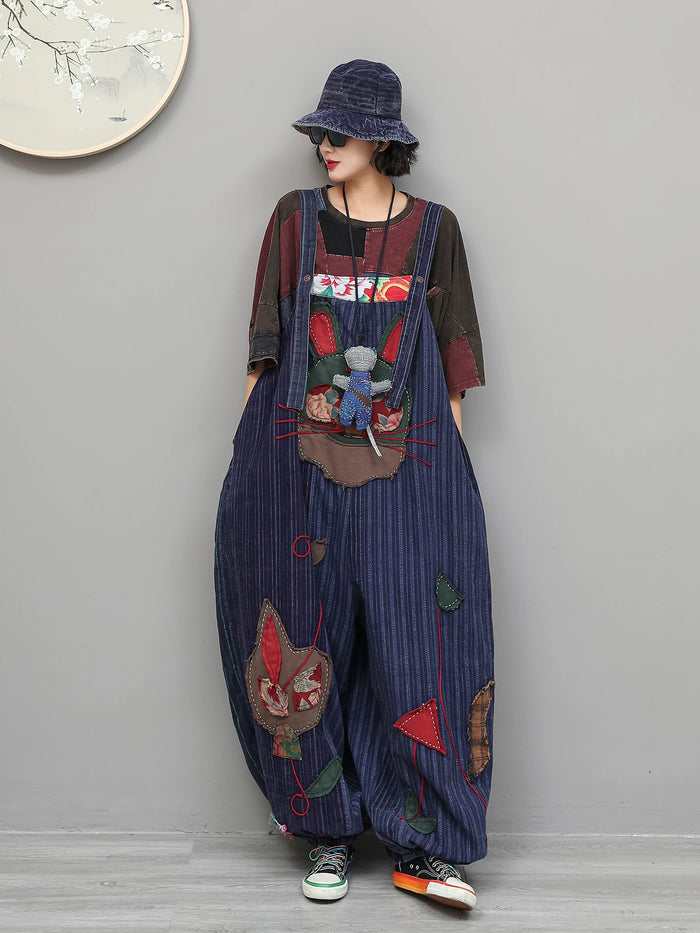 ネイビーのストライプ古布 貼り布刺繍サロペット 着用 正面