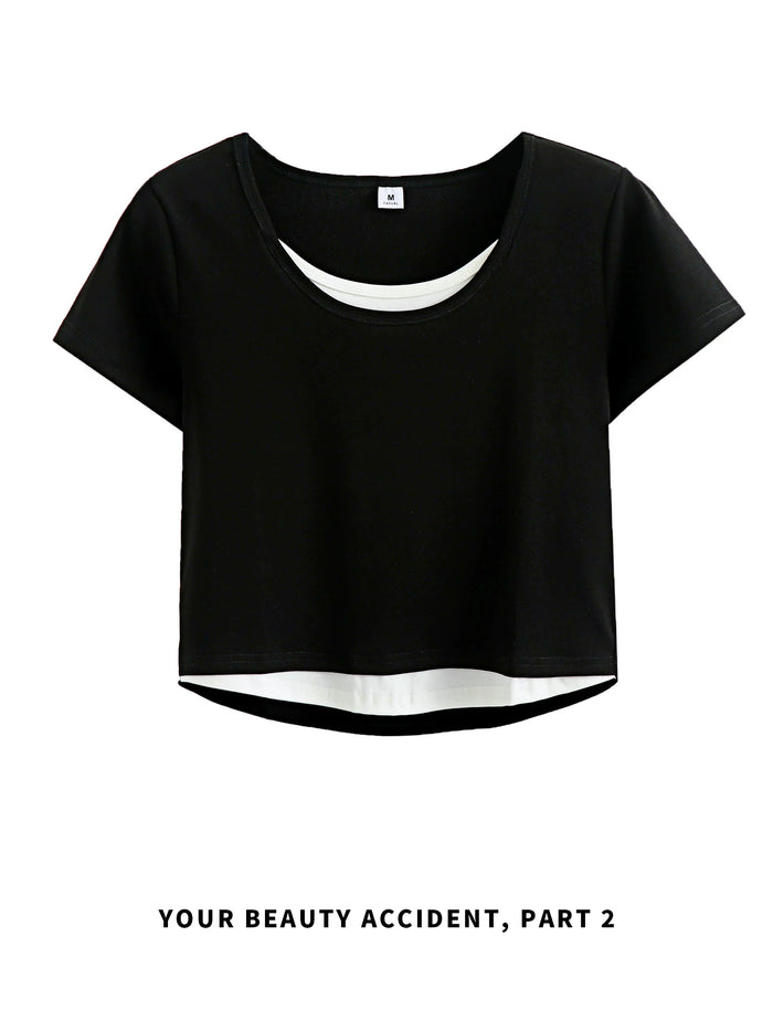 ブラックのフェイクレイヤード 半袖Tシャツ 全体