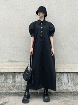 ブラックのパフスリーブ ロングシャツワンピース 着用 正面