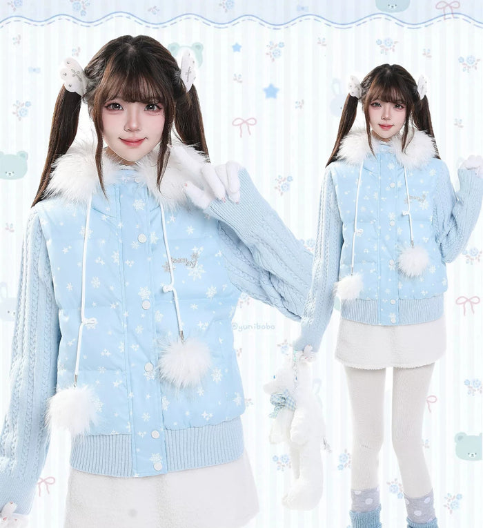 雪の結晶柄 ニット袖 ファーフード付き 中綿ジャケット ブルー