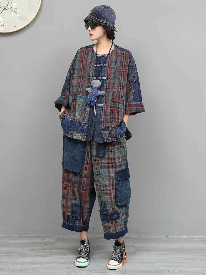 古布のチェック柄 盤扣ジャケットと九分丈ワイドパンツ 着用 正面