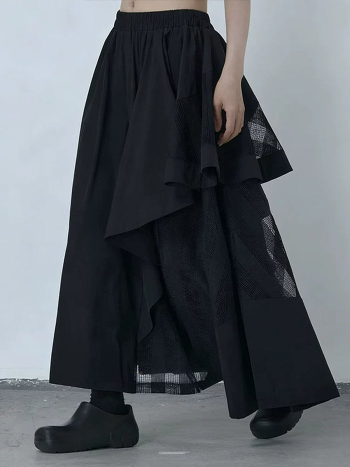 ブラックのアシンメトリー レイヤード ロングスカート 着用 正面