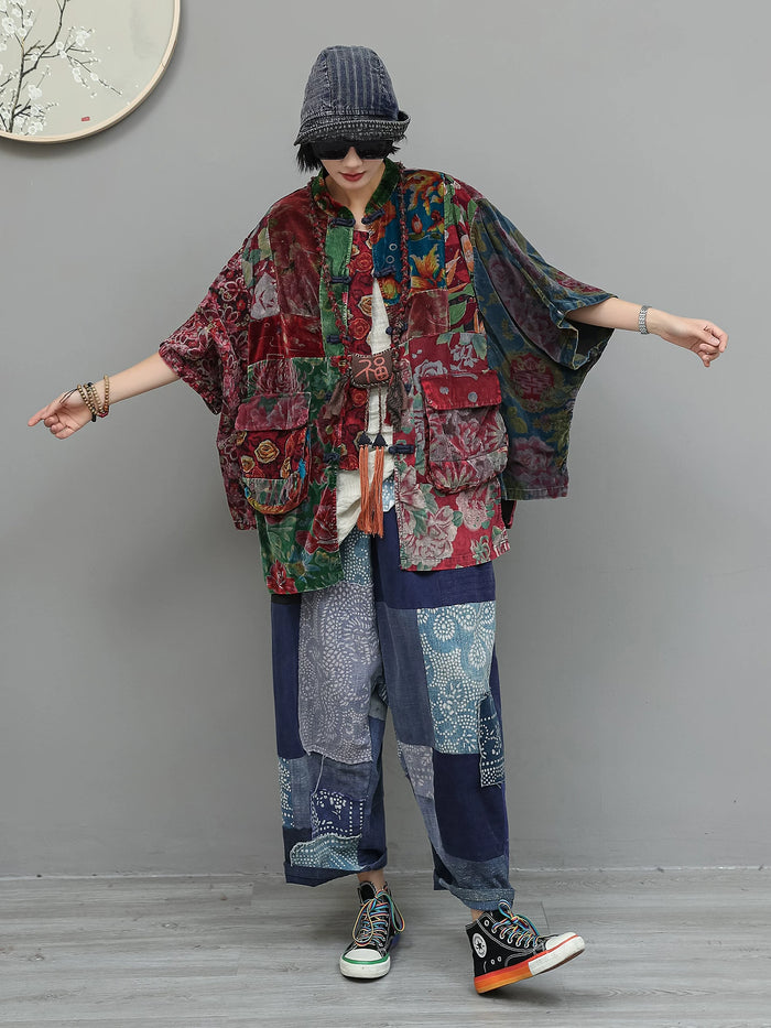 藍染の古布パッチワーク ストレートパンツ 着用 正面