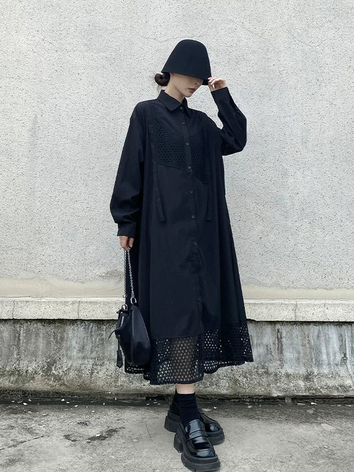 ブラックのメッシュ切り替えシャツワンピース 着用 正面