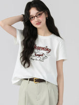 ホワイトのレタリングプリント 半袖Tシャツ 着用