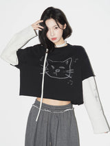 ブラックのフェイクレイヤード ショート丈Tシャツ 着用 正面