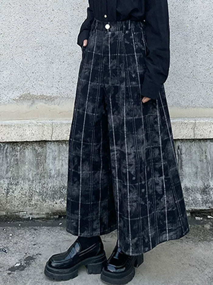 にじみ染め風チェック柄ワイドパンツ 着用 正面