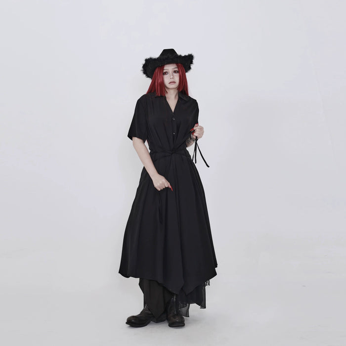 黒のシャツワンピース 着用 正面（ウエストリボン）