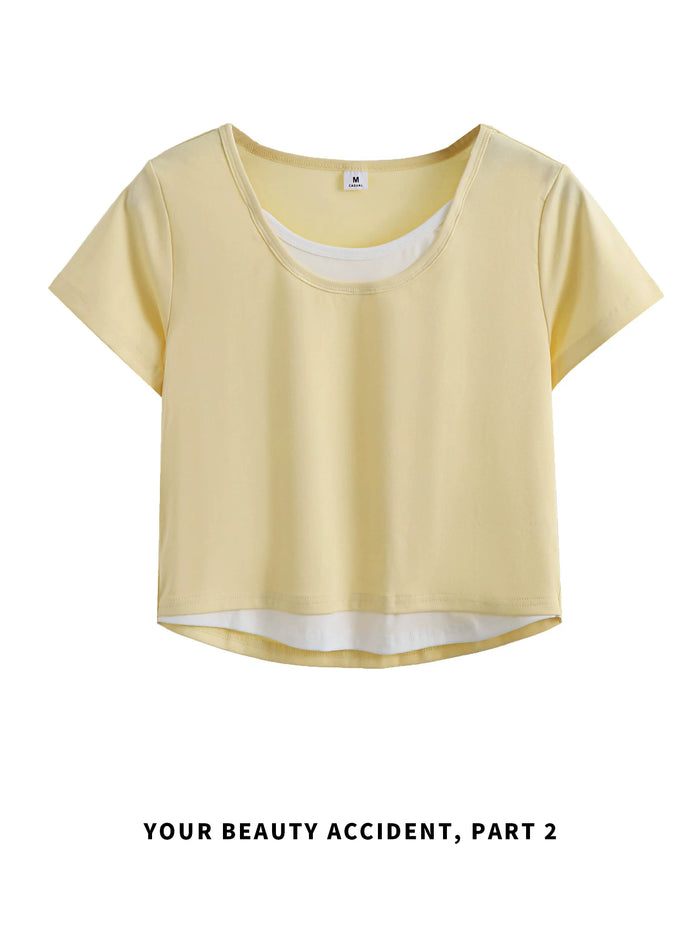 イエローのフェイクレイヤード 半袖Tシャツ 全体