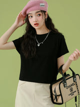 下集シリーズ｜ショート丈 半袖Tシャツ｜正肩 スリム リブ編み 無地 ブラック/ホワイト/ヘザーグレー/ベージュ S〜XL