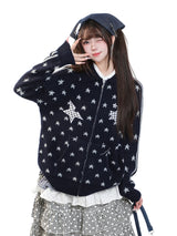 MJMTシリーズ｜スター柄 ニットカーディガン 襟付き ジップアップ グレー/ブルー ゆったり 秋冬 M/L/XL