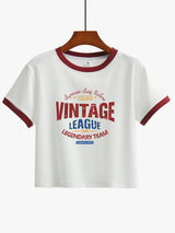 下集シリーズ｜バーシティ風ロゴプリント リンガーTシャツ｜レッドトリム 短め丈 スリム ホワイト S〜XL