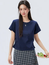 下集シリーズ｜ネイビー サイドシャーリング 半袖Tシャツ｜短め丈 コットン ブラック/ネイビー/ライトグレー S〜XL