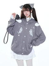 MJMTシリーズ｜翼モチーフ フード付き ニットカーディガン ブルー/グレー ゆったり 秋冬 S/M/L/XL
