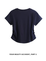 下集シリーズ｜ワンポイント刺繍 サイドシャーリング 半袖Tシャツ｜正肩 短め丈 2カラー S〜XL