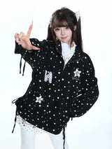 MJMTシリーズ｜スター柄 ジップアップ ジャケット 秋 裾ドローコード ゆったり ライトブルー/ブラック S/M/L/XL