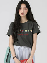 下集シリーズ｜フルーツ刺繍 半袖Tシャツ｜正肩 ゆったり グレー/ホワイト S〜XL