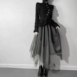 フリルジャケット チュールスカート 着用 全身 ブーツ合わせ