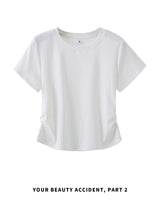 下集シリーズ｜サイドシャーリング 半袖Tシャツ｜リブ編み 短め丈 スリム ホワイト/パープル/ベージュ/ライトグレーブルー S〜XL