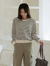 ボーダー長袖Tシャツ 着用 バッグを持って うつむいて