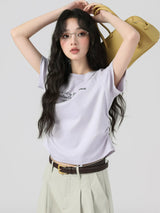 下集シリーズ｜パープル サイドシャーリング 半袖Tシャツ｜リブ編み 短め丈 スリム ライトグレーブルー/パープル/ホワイト S〜XL