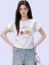 下集シリーズ｜フルーツキャラクタープリント 半袖Tシャツ｜正肩 スリム 短め丈 2カラー S〜XL
