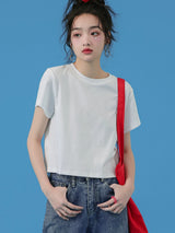 下集シリーズ｜ホワイト ショート丈 半袖Tシャツ｜正肩 スリム リブ編み 無地 ヘザーグレー/ホワイト/ブラック/ベージュ S〜XL