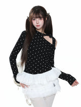 MJMTシリーズ｜ドット柄 オフショルダー風 長袖Tシャツ リボン フリル裾 ブラック/ホワイト S/M/L