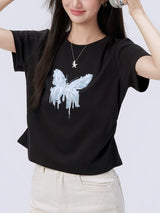 下集シリーズ｜バタフライプリント サイドシャーリング 半袖Tシャツ｜ブラック 正肩 短め丈 2カラー S〜XL