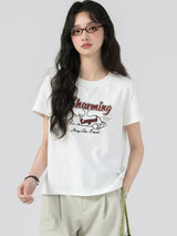 下集シリーズ｜レタリング＆イラストプリント 半袖Tシャツ｜ジャージー綿 ややゆったり ホワイト S〜XL