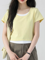 下集シリーズ｜フェイクレイヤード 半袖Tシャツ｜正肩 ショート丈 ネイビー/ブラック/ホワイト/イエロー S〜XL